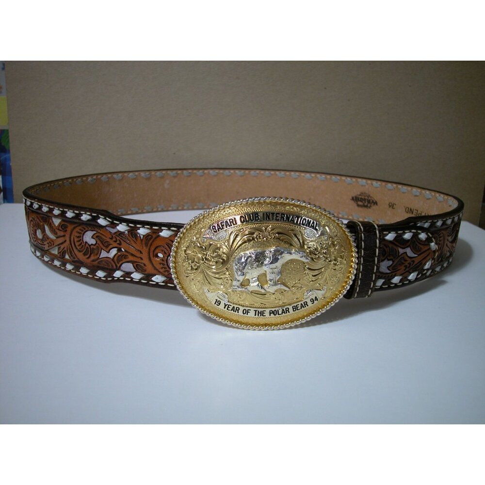 Safari Club International 1994 Belt W/ Gold Buckle & Tooled Leather Design